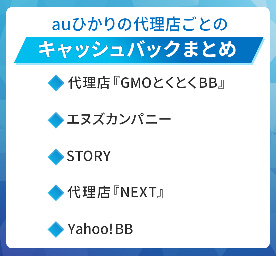 auひかりの代理店ごとのキャッシュバックまとめ