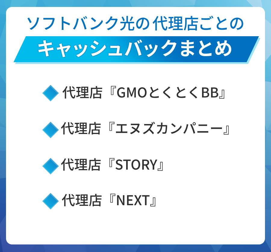 ソフトバンク光の代理店ごとのキャッシュバックまとめ
