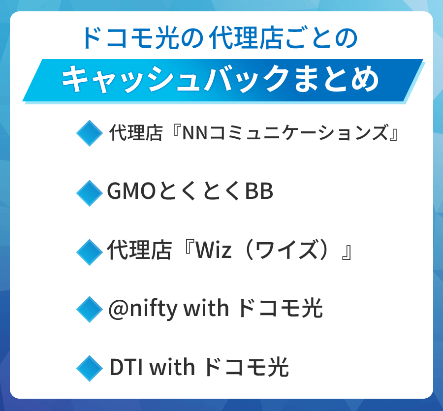 ドコモ光の代理店ごとのキャッシュバックまとめ