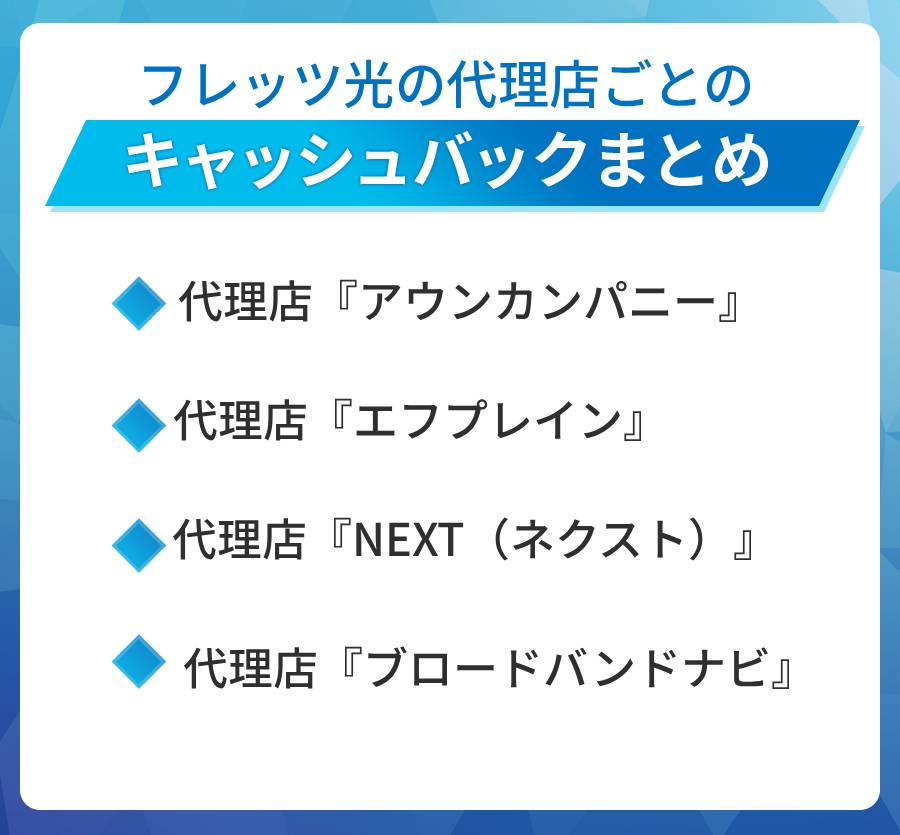 フレッツ光の代理店ごとのキャッシュバックまとめ