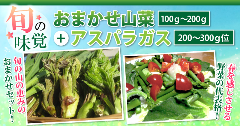 旬の味覚・おまかせ山菜200〜300g位　+　アスパラ100g〜200g